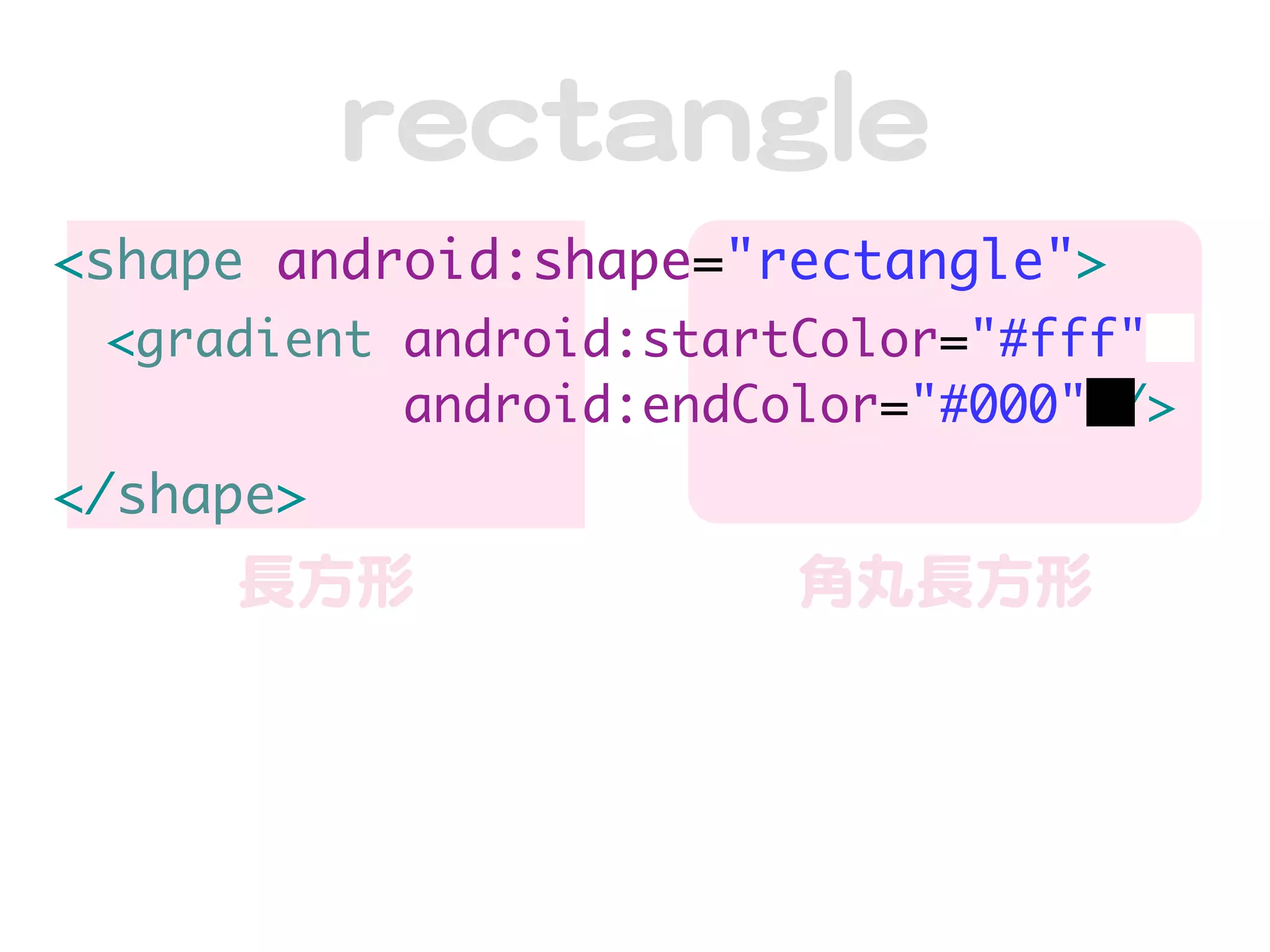 rreeccttaannggllee
<shape android:shape="rectangle">
 <gradient android:startColor="#fff"
           android:endColor="#000" />
</shape>
     長方形                角丸長方形
 
