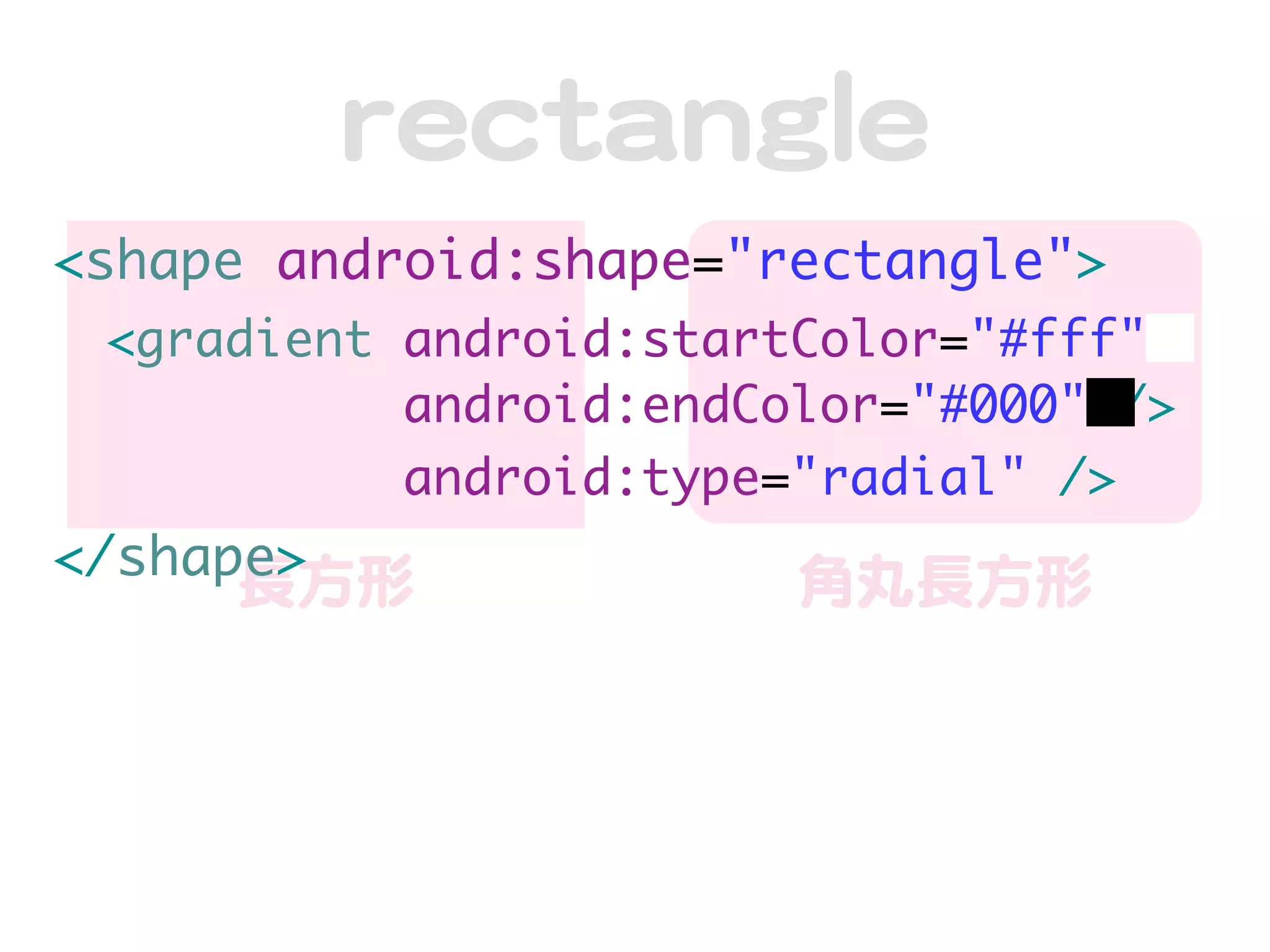 rreeccttaannggllee
<shape android:shape="rectangle">
 <gradient android:startColor="#fff"
           android:endColor="#000" />
           android:type="radial" />
</shape>
     長方形                角丸長方形
 