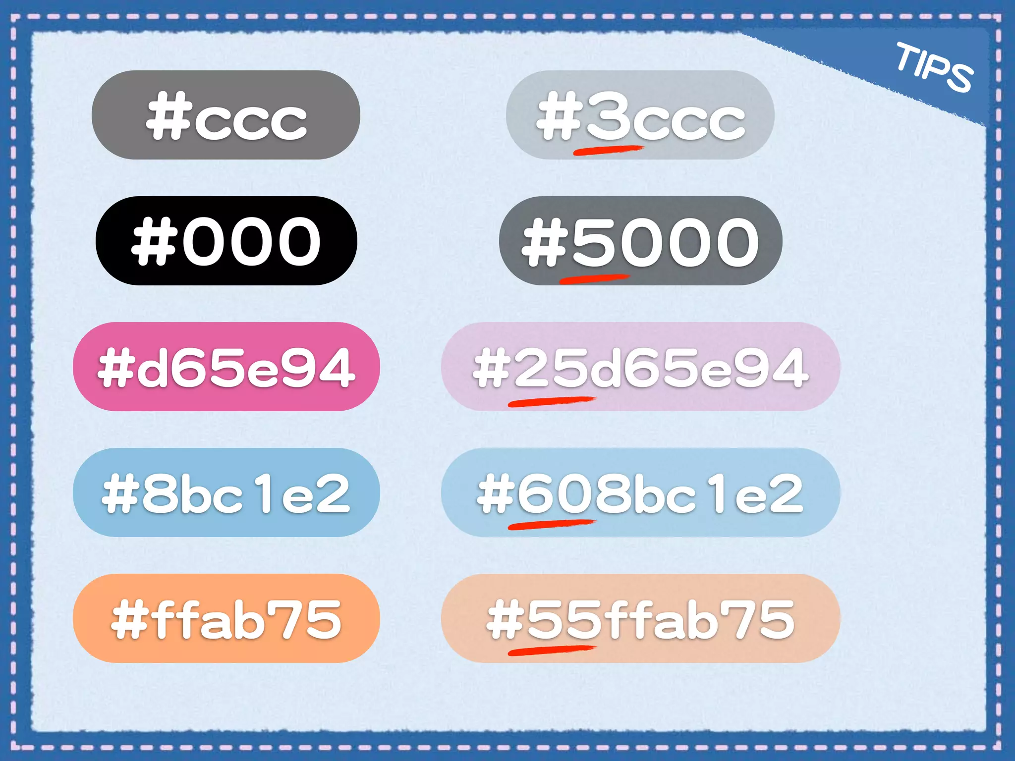 TTIIPP
                                            SS
  ##cccccc          ##33cccccc
 ##000000          ##55000000
##dd6655ee9944   ##2255dd6655ee9944

##88bbcc11ee22   ##660088bbcc11ee22

##ffffaabb7755   ##5555ffffaabb7755
 