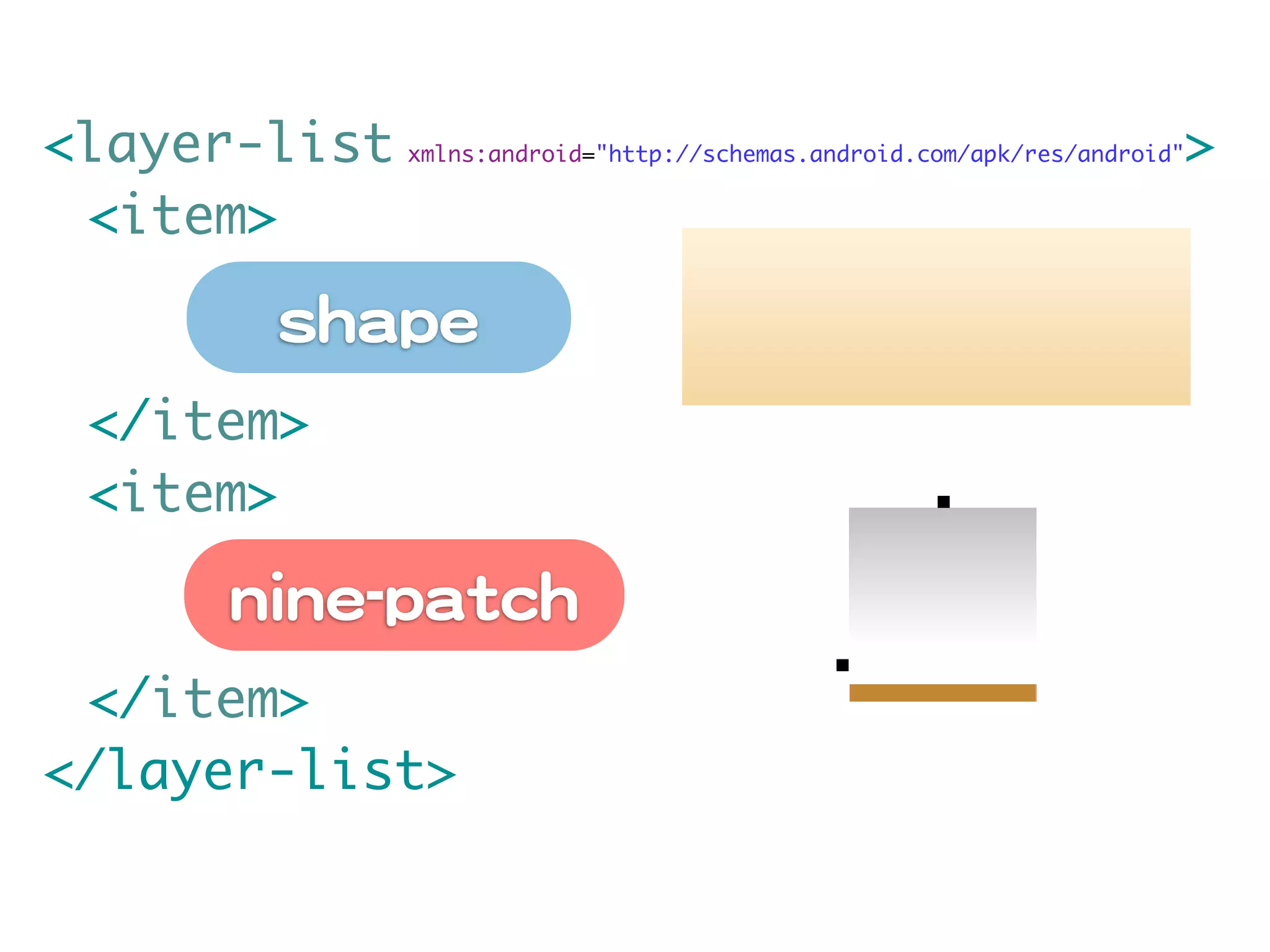 <layer-list xmlns:android="http://schemas.android.com/apk/res/android">
	 <item>

              sshhaappee
	 </item>
	 <item>

           nniinnee--ppaattcchh
	 </item>
</layer-list>
 