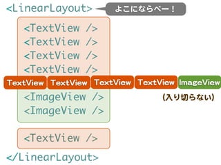 <LinearLayout>                             よこにならべー！

      <TextView                />
      <TextView                />
      <TextView                />
      <TextView                />
TTeexxttVViieeww TTeexxttVViieeww TTeexxttVViieeww TTeexxttVViieeww IImmaaggeeVViieeww
      <ImageView />                                         （入�り切らない）
      <ImageView />

      <TextView />
</LinearLayout>
 
