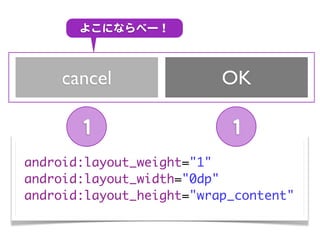 よこにならべー！



    cancel                OK

       11                  11
android:layout_weight="1"
android:layout_width="0dp"
android:layout_height="wrap_content"
 