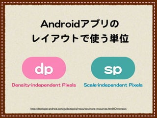 AAnnddrrooiiddアプリの
               レイアウトで使う単位


                  ddpp                                                       sspp
DDeennssiittyy--iinnddeeppeennddeenntt  PPiixxeellss       SSccaallee--iinnddeeppeennddeenntt  PPiixxeellss




               http://developer.android.com/guide/topics/resources/more-resources.html#Dimension
 