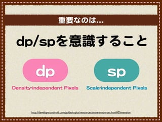 重要なのは…�

   ddpp//ssppを意識すること

                  ddpp                                                       sspp
DDeennssiittyy--iinnddeeppeennddeenntt  PPiixxeellss       SSccaallee--iinnddeeppeennddeenntt  PPiixxeellss




               http://developer.android.com/guide/topics/resources/more-resources.html#Dimension
 