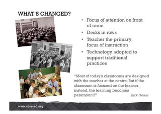WHAT’S CHANGED?
•  Focus of attention on front
of room
•  Desks in rows
•  Teacher the primary
focus of instruction
•  Technology adopted to
support traditional
practices
“Most of today’s classrooms are designed
with the teacher at the centre. But if the
classroom is focused on the learner
instead, the learning becomes
paramount!” Rick Dewar
 