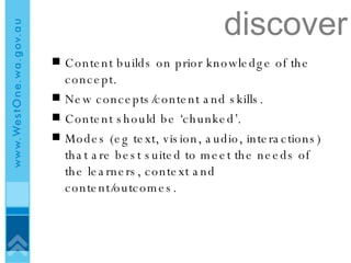 discover Content builds on prior knowledge of the concept.  New concepts/content and skills. Content should be ‘chunked’. Modes (eg text, vision, audio, interactions) that are best suited to meet the needs of the learners, context and content/outcomes. 