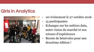 Girls in Analytics
- 1er événement le 27 octobre 2016
- 15 participantes
- Echanges sur les métiers data,
notre vision du marché et nos
retours d’expériences
- Besoin de bénévoles pour une
deuxième édition !
 