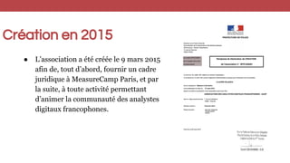 Création en 2015
● L’association a été créée le 9 mars 2015
afin de, tout d’abord, fournir un cadre
juridique à MeasureCam...