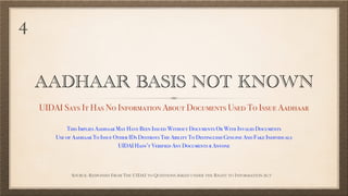 AADHAAR BASIS NOT KNOWN
UIDAI Says It Has No Information About Documents Used To Issue Aadhaar
SOURCE: RESPONSES FROM THE UIDAI TO QUESTIONS ASKED UNDER THE RIGHT TO INFORMATION ACT
This Implies Aadhaar May Have Been Issued Without Documents Or With Invalid Documents
Use of Aadhaar To Issue Other IDs Destroys The Ability To Distinguish Genuine And Fake Individuals
UIDAI Hasn’t Verified Any Documents r Anyone
4
 
