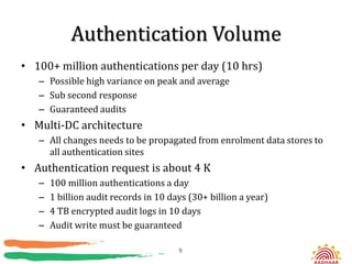 Authentication Volume
• 100+ million authentications per day (10 hrs)
   – Possible high variance on peak and average
   – Sub second response
   – Guaranteed audits
• Multi-DC architecture
   – All changes needs to be propagated from enrolment data stores to
     all authentication sites
• Authentication request is about 4 K
   –   100 million authentications a day
   –   1 billion audit records in 10 days (30+ billion a year)
   –   4 TB encrypted audit logs in 10 days
   –   Audit write must be guaranteed

                                       9
 