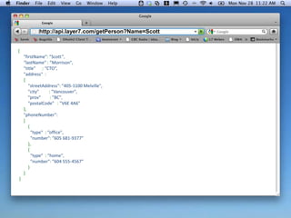 http://api.layer7.com/getPerson?Name=Scott


{
    "firstName": ”Scott",
    "lastName" : ”Morrison",
    ”title" : “CTO”,
    "address" :
    {
       "streetAddress": ”405-1100 Melville",
       "city"      : ”Vancouver",
       ”prov"       : ”BC",
       "postalCode" : ”V6E 4A6"
    },
    "phoneNumber":
    [
       {
         "type" : ”office",
         "number": ”605 681-9377"
       },
       {
         "type" : ”home",
         "number": ”604 555-4567"
       }
    ]
}
 