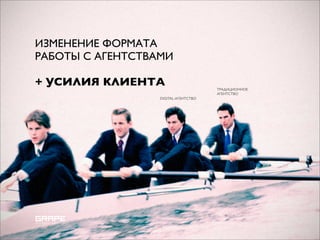 ИЗМЕНЕНИЕ ФОРМАТА
РАБОТЫ С АГЕНТСТВАМИ

+ УСИЛИЯ КЛИЕНТА                      ТРАДИЦИОННОЕ
                                      АГЕНТСТВО
                  DIGITAL-АГЕНТСТВО
 