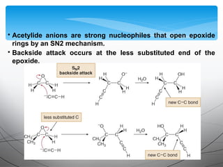 • Acetylide anions are strong nucleophiles that open epoxide
rings by an SN2 mechanism.
• Backside attack occurs at the less substituted end of the
epoxide.
 