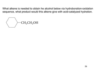 What alkene is needed to obtain he alcohol below via hydroboration-oxidation
sequence, what product would this alkene give with acid-catalyzed hydration.
59
 