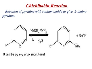 Chichibabin Reaction
Reaction of pyridine with sodium amide to give 2-amino
pyridine.
 
