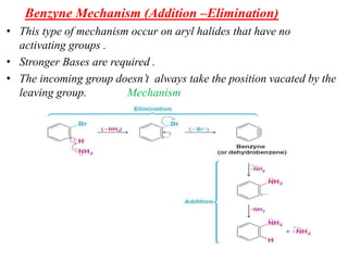 Benzyne Mechanism (Addition –Elimination)
• This type of mechanism occur on aryl halides that have no
activating groups .
• Stronger Bases are required .
• The incoming group doesn’t always take the position vacated by the
leaving group. Mechanism
 