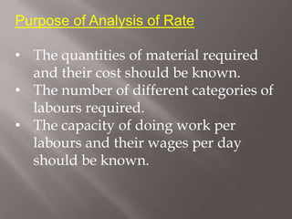 Purpose of Analysis of Rate
• The quantities of material required
and their cost should be known.
• The number of different categories of
labours required.
• The capacity of doing work per
labours and their wages per day
should be known.
 
