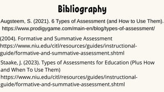 Bibliography
Augsteem, S. (2021). 6 Types of Assessment (and How to Use Them).
https://www.prodigygame.com/main-en/blog/types-of-assessment/
(2004). Formative and Summative Assessment
https://www.niu.edu/citl/resources/guides/instructional-
guide/formative-and-summative-assessment.shtml
Staake, J. (2023). Types of Assessments for Education (Plus How
and When To Use Them)
https://www.niu.edu/citl/resources/guides/instructional-
guide/formative-and-summative-assessment.shtml
 