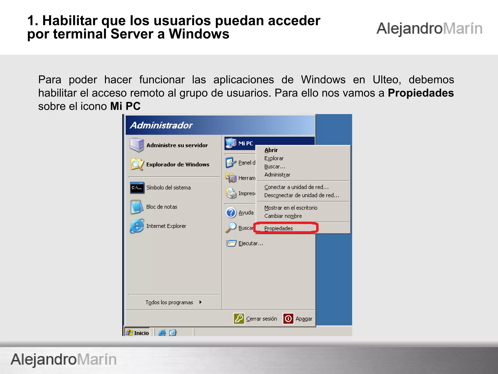 TECHNOLOGY
innovaINNOVA TECHNOLOGY
En esta presentación vamos a ver los pasos a seguir para agregar un servidor Windows 2003
Server a nuestro entorno de virtualización de escritorios, Ulteo, permitiéndonos poder ejecutar
aplicaciones de Windows o iniciar sesiones remotas Windows.
Para ello tenemos lo siguiente en el laboratorio:
• Un servidor Ulteo 3.0, con la IP 192.168.206.133
• Una maquina virtual con Windows Server, la instalación de esta maquina y su configuración se
hace por defecto, no hace falta ninguna configuración especial salvo la que comentamos a
continuación.
Ulteo indica que podemos instalar tanto Windows Server 2003 como 2008, pero
las pruebas que hemos efectuado en el laboratorio nos han dado diversos
problemas con Win Svr 2008 a la hora de generar escritorios con aplicaciones
mixtas, si nos ha funcionado correctamente en casos sesiones remotas o
escritorios con solo aplicaciones Windows.
Introducción
 