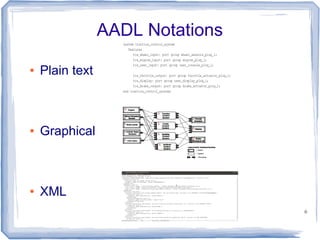 AADL Notations

●   Plain text



●   Graphical



●   XML
                                  6
 