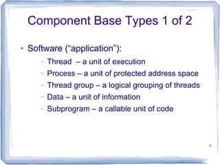 Component Base Types 1 of 2

●   Software (“application”):
       –   Thread – a unit of execution
       –   Process – a unit of protected address space
       –   Thread group – a logical grouping of threads
       –   Data – a unit of information
       –   Subprogram – a callable unit of code



                                                          8
 