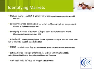Identifying Markets
* Mature markets in USA & Western Europe: growth per annum between 10
      and 15%


* Southern Europe catching up: led by Italy and Spain, growth per annum around
      30 to 40 %, Turkey coming up fast!


* Emerging markets in Eastern Europe, led by Russia, followed by Poland,
      Ukraine growth per annum over 30%


* Asia-Pacific: fastest growing region;   China: expected: 88% up in 2012 and a shift from
C2C to B2C. India plus 50% expected in 2012


* MENA countries coming up, led by Israel & UAE, growing around 45% per year

* Latin America strongly emerging, led by Brazil with 60% of total B2C e-
sales, followed by Mexico, Argentina, Caribbean and Columbia


* Africa still in its infancy, led by Egypt & South Africa
 