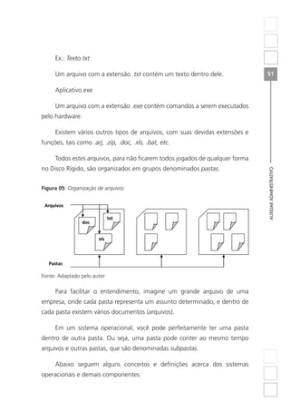 AUXILIARADMINISTRATIVO
51
Ex.: Texto.txt
Um arquivo com a extensão .txt contém um texto dentro dele.
Aplicativo.exe
Um arquivo com a extensão .exe contém comandos a serem executados
pelo hardware.
Existem vários outros tipos de arquivos, com suas devidas extensões e
funções, tais como .arj, .zip, .doc, .xls, .bat, etc.
Todos estes arquivos, para não ficarem todos jogados de qualquer forma
no Disco Rígido, são organizados em grupos denominados pastas.
Figura 05: Organização de arquivos
doc
txt
xls
Pastas
Arquivos
Fonte: Adaptado pelo autor
Para facilitar o entendimento, imagine um grande arquivo de uma
empresa, onde cada pasta representa um assunto determinado, e dentro de
cada pasta existem vários documentos (arquivos).
Em um sistema operacional, você pode perfeitamente ter uma pasta
dentro de outra pasta. Ou seja, uma pasta pode conter ao mesmo tempo
arquivos e outras pastas, que são denominadas subpastas.
Abaixo seguem alguns conceitos e definições acerca dos sistemas
operacionais e demais componentes:
 