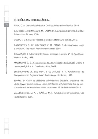 74
AUXILIARADMINISTRATIVO
REFERÊNCIAS BIBLIOGRÁFICAS
ÁVILA, C. A. Contabilidade Básica. Curitiba: Editora Livro Técnico, 2010.
CAUTHIER, F. A.O; MACEDO, M.; LABIAK JR. S. Empreendedorismo. Curitiba:
Editora Livro Técnico, 2010.
COSTA, E. S. Gestão de Pessoas. Curitiba: Editora Livro Técnico, 2010.
CARAVANTES, G. R.P; KLOECKNER, C. M.; PANNO, C. Administração: teoria
e processos. São Paulo: Pearson Prentice Hall, 2005.
CHIAVENATO I. Administração: teoria, processo e prática. 2ª ed. São Paulo:
Makron Books; 1998.
MAXIMIANO, A. C. A. Teoria geral da administração: da revolução urbana à
revolução digital. 4.ed. São Paulo: Atlas, 2004.
SHERMERHORN, JR. J.R.; HUNT. J. G; OSBORN, R. N. Fundamentos do
Comportamento Organizacional. Porto Alegre: Bookman, 1999.
SOARES. D. Curso de assistente administrativo (apostila). Disponível em:
http://www.administradores.com.br/informe-se/artigos/apostila-de-um-
curso-de-assistente-administrativo. Acesso em 12 de dezembro de 2011.
VASCONCELLOS, M. A. S; GARCIA, M. E. Fundamentos de economia. São
Paulo: Saraiva, 2005.
 