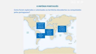 O IMPÉRIO PORTUGUÊS
Como foram explorados e colonizados os territórios descobertos ou conquistados
pelos portugueses?
Arquipélagos
atlânticos:
capitanias-
donatarias
Império
Português
no Oriente:
Vice-reinos
Costa
Ocidental
Africana:
FeitoriasBrasil:
Governo
Geral
 