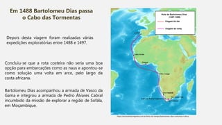 Depois desta viagem foram realizadas várias
expedições exploratórias entre 1488 e 1497.
Em 1488 Bartolomeu Dias passa
o Cabo das Tormentas
https://ensinarhistoriajoelza.com.br/linha-do-tempo/bartolomeu-dias-contorna-a-africa
Concluiu-se que a rota costeira não seria uma boa
opção para embarcações como as naus e apontou-se
como solução uma volta em arco, pelo largo da
costa africana.
Bartolomeu Dias acompanhou a armada de Vasco da
Gama e integrou a armada de Pedro Álvares Cabral
incumbido da missão de explorar a região de Sofala,
em Moçambique.
 