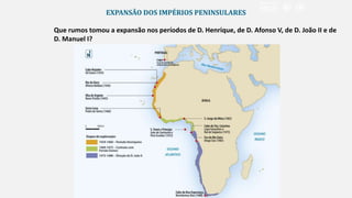 EXPANSÃO DOS IMPÉRIOS PENINSULARES
Que rumos tomou a expansão nos períodos de D. Henrique, de D. Afonso V, de D. João II e de
D. Manuel I?
 