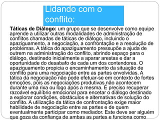 Lidando com o 
conflito: 
Táticas de Diálogo: um grupo que se desenvolve como equipe 
aprende a utilizar outras modalidades de administração de 
conflitos chamadas de táticas de diálogo, incluindo o 
apaziguamento, a negociação, a confrontação e a resolução de 
problemas. A tática do apaziguamento pressupõe a ajuda de 
outrem na administração do conflito, abrindo espaço para o 
diálogo, destinado inicialmente a aparar arestas e dar a 
oportunidade do desabafo de cada um dos contendores. O 
apaziguamento propicia o encaminhamento da situação de 
conflito para uma negociação entre as partes envolvidas. A 
tática da negociação não pode efetuar-se em contexto de fortes 
emoções, pois as negociações produtivas não acontecem 
durante uma rixa ou logo após a mesma. É preciso recuperar 
razoável equilíbrio emocional para encetar o diálogo destinado 
a explorar condições, obstáculos e alternativas de solução do 
conflito. A utilização da tática de confrontação exige maior 
habilidade de negociação entre as partes e de quem 
eventualmente participar como mediador. Este deve ser alguém 
que goza da confiança de ambas as partes e funciona como 
elemento neutro, o qual se propõe a acompanhar, escutar e 
 