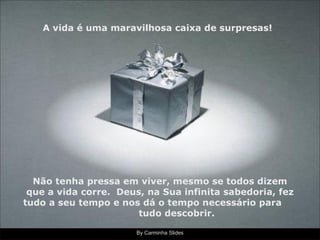 By Carminha Slides A vida é uma maravilhosa caixa de surpresas! Não tenha pressa em viver, mesmo se todos dizem que a vida corre.  Deus, na Sua infinita sabedoria, fez tudo a seu tempo e nos dá o tempo necessário para  tudo descobrir. 