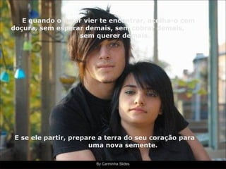 By Carminha Slides
E se ele partir, prepare a terra do seu coração para
uma nova semente.
E quando o amor vier te encontrar, acolha-o com
doçura, sem esperar demais, sem cobrar demais,
sem querer demais.
 