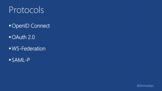 Protocols
OpenID Connect
OAuth 2.0
WS-Federation
SAML-P
@DivineOps
 
