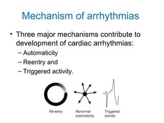 Mechanism of arrhythmias
• Three major mechanisms contribute to
development of cardiac arrhythmias:
– Automaticity
– Reentry and
– Triggered activity.
 