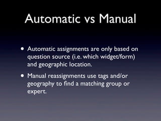 Automatic vs Manual

• Automatic assignments are only based on
  question source (i.e. which widget/form)
  and geographic location.
• Manual reassignments use tags and/or
  geography to ﬁnd a matching group or
  expert.
 