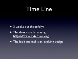 Time Line

• 3 weeks out (hopefully)
• The demo site is running:
  http://dev.ask.extension.org
• The look and feel is an evolving design
 