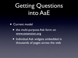 Getting Questions
        into AaE
• Current model
 • the multi-purpose Ask form on
    www.extension.org
 • Individual Ask widgets embedded in
    thousands of pages across the web
 