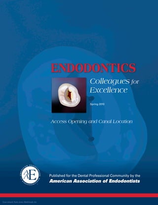 Endodontics
Colleagues for
Excellence
Spring 2010

Access Opening and Canal Location

Published for the Dental Professional Community by the

American Association of Endodontists

Cover artwork: Rusty Jones, MediVisuals, Inc.

 