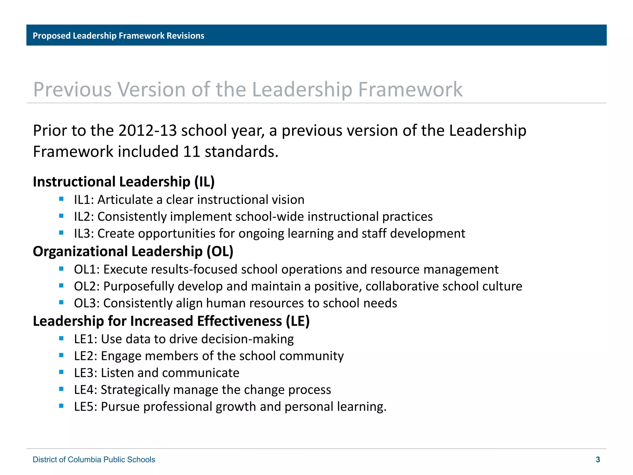 3
Previous Version of the Leadership Framework
Prior to the 2012-13 school year, a previous version of the Leadership
Framework included 11 standards.
Instructional Leadership (IL)
 IL1: Articulate a clear instructional vision
 IL2: Consistently implement school-wide instructional practices
 IL3: Create opportunities for ongoing learning and staff development
Organizational Leadership (OL)
 OL1: Execute results-focused school operations and resource management
 OL2: Purposefully develop and maintain a positive, collaborative school culture
 OL3: Consistently align human resources to school needs
Leadership for Increased Effectiveness (LE)
 LE1: Use data to drive decision-making
 LE2: Engage members of the school community
 LE3: Listen and communicate
 LE4: Strategically manage the change process
 LE5: Pursue professional growth and personal learning.
Proposed Leadership Framework Revisions
District of Columbia Public Schools
 