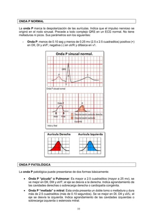 10
ONDA P NORMAL
La onda P marca la despolarización de las aurículas. Indica que el impulso nervioso se
originó en el nodo sinusal. Precede a todo complejo QRS en un ECG normal. No tiene
melladuras ni picos. Sus parámetros son los siguientes:
- Onda P: menos de 0.10 seg y menos de 0.25 mv (2.5 x 2.5 cuadraditos) positiva (+)
en DII, DI y aVF; negativa (-) en aVR y difásica en v1.
ONDA P PATOLÓGICA
La onda P patológica puede presentarse de dos formas básicamente:
 Onda P “picuda” o Pulmonar: Es mayor a 2.5 cuadraditos (mayor a 25 mv), se
ve mejor en DII, DIII y aVF; el eje se desvía a la derecha. Indica agrandamiento de
las cavidades derechas o sobrecarga derecha o cardiopatía congénita.
 Onda P “mellada” o mitral: Esta onda presenta un doble lomo o melladura y dura
más de 2.5 cuadraditos (más de 0.10 segundos). Se ve mejor en DI, DII y aVL; el
eje se desvía la izquierda. Indica agrandamiento de las cavidades izquierdas o
sobrecarga izquierda o estenosis mitral.
 