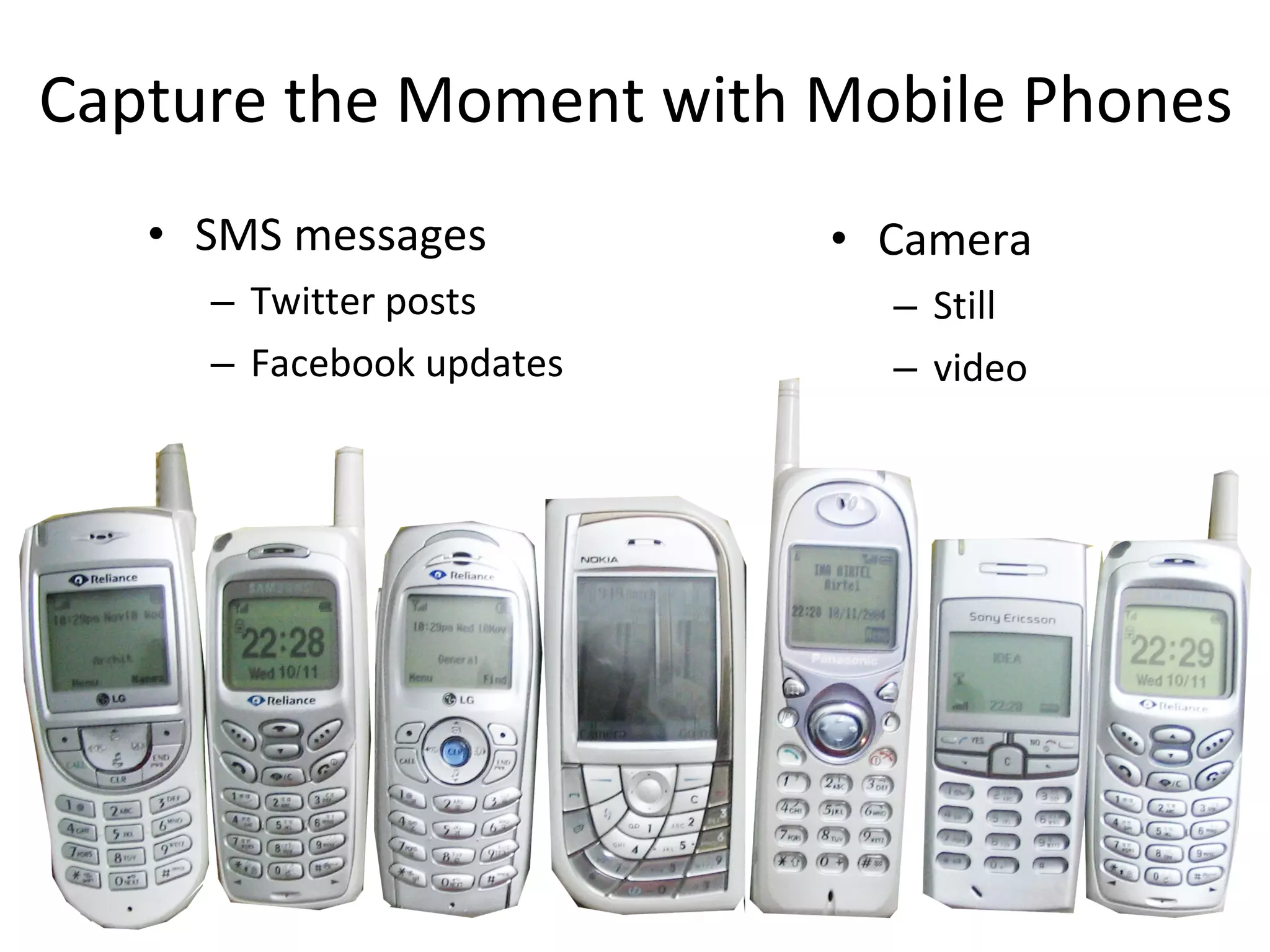 Capture the Moment with Mobile Phones SMS messages Twitter posts Facebook updates Camera  Still  video 
