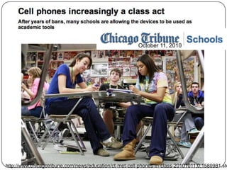 2011 Horizon ReportTime-to-adoption:One Year or LessElectronic BooksMobiles (mentioned in last 3 years)Two to Three YearsAugmented Reality Game-Based Learning Four to Five YearsGesture-Based Computing Learning Analytics New Media Consortium http://www.nmc.org/