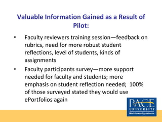 Valuable Information Gained as a Result of
Pilot:
• Faculty reviewers training session—feedback on
rubrics, need for more robust student
reflections, level of students, kinds of
assignments
• Faculty participants survey—more support
needed for faculty and students; more
emphasis on student reflection needed; 100%
of those surveyed stated they would use
ePortfolios again
 