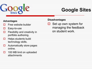 Public Google Tools vs. GoogleApps for Education?Public Google Tools (Gmail account)Google Apps for EducationStudent owns the account for life (must be over 13)Student has complete control of accessFREE for anyoneNo uploading to Google Video (must use YouTube to embed videos)Start immediatelyProtected environment (school assigns account)School can control access (limit to members)FREE for educationLimited use of Google Video (2 GB)Need some advanced set-up timehttp://sites.google.com/site/colettecassinelli/proscons