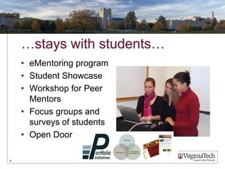 …stays with students…
• eMentoring program
• Student Showcase
• Workshop for Peer
Mentors
• Focus groups and
surveys of st...