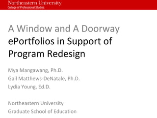 A Window and A Doorway
ePortfolios in Support of
Program Redesign
Mya Mangawang, Ph.D.
Gail Matthews-DeNatale, Ph.D.
Lydia Young, Ed.D.
Northeastern University
Graduate School of Education
 