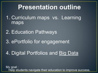 Presentation outline
1. Curriculum maps vs. Learning
maps
2. Education Pathways
3. ePortfolio for engagement
4. Digital Portfolios and Big Data
My goal :
Help students navigate their education to improve success.
 