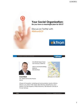 11/4/2011
1
Your Social Organization:
Do you have a meaningful plan for 2012?
Discuss on Twitter with
#EktronGCP
Erick Mott
VP, Global Community Practice
Ektron
20 years of innovation, marketing and communications results at Ektron,
Sitecore, Lyris, Return Path, Nokia, Mark Monitor, GlobalFluency, Cisco
Systems, Sun Microsystems, Philips Electronics, CBS television and two of
his own startups.
One Market Spear Tower
San Francisco, California
ektron.com/erickmottblog
@ektron
@creatorbase
 